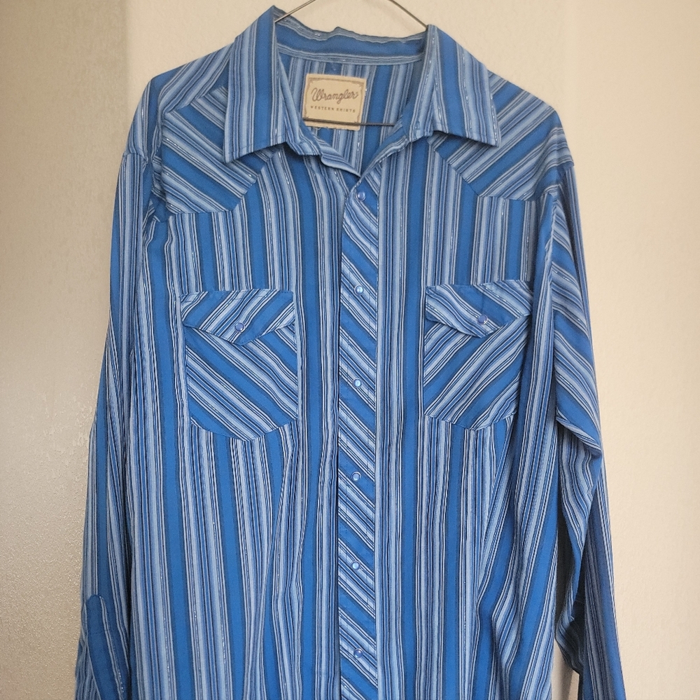 Wrangler Western Pearl Snap Shirt Mens XL Blue Striped Long Sleeve Collar Pocket